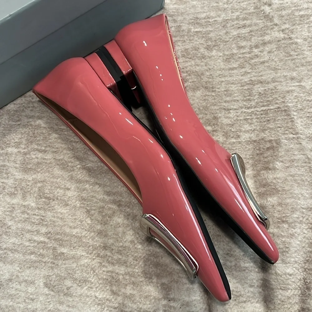 Pointed Toe Pink Vegan Patent Leather Flats with Silver Accent Size 37 It#P03